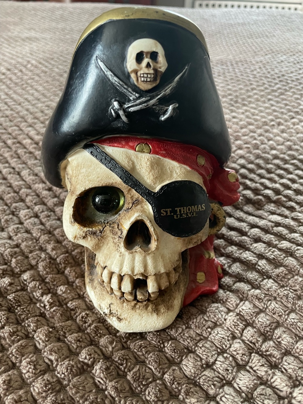 6 1/2” Tall St. Thomas Resin Pirate Bank Eye Patch Glass Eye